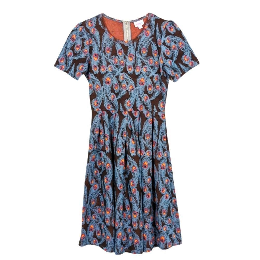 LulaRoe Amelia Peacock Short Sleeve Pleated Dress Small Blue
